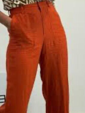 Massimo Dutti Orange 100% Linen Wide-Leg Pants with Patch Pockets